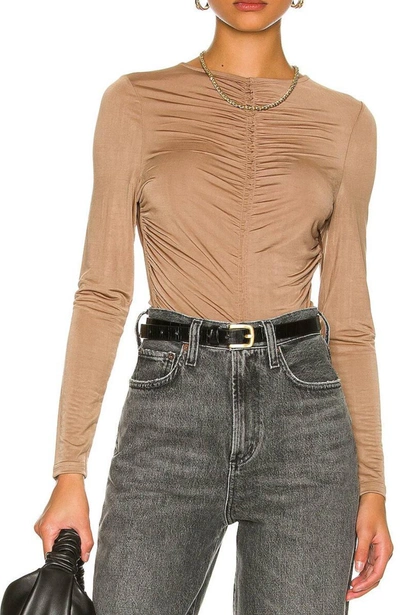 Minkpink Faiza Ruched Jersey Top In Brown