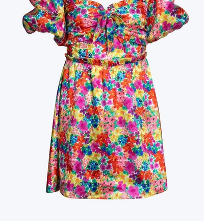 For Love & Lemons Merrill Puff Sleeve Open-back Satin Jacquard Mini Dress In Multi In Pink