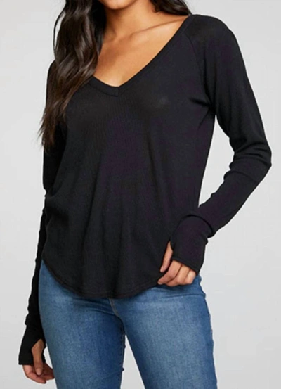 Chaser Heritage Waffle Long Sleeve Double V Neck Shirttail Tee In True Black