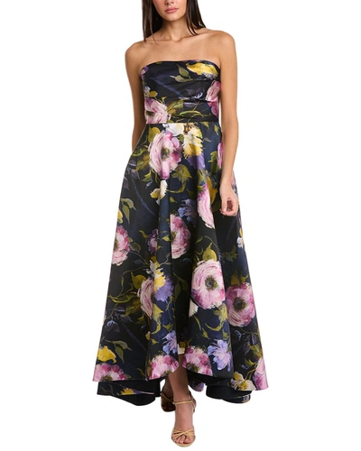 Theia Mirabel Strapless Pleated Floral-print Twill Gown In Brown