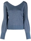 D-EXTERIOR V-Neck Lurex-Knit Sweater In Blue Pavone