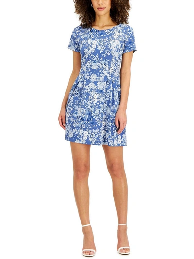 Connected Apparel Petites Womens Scoop Neck Pockets Fit & Flare Dress In Blue