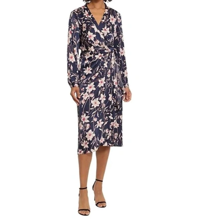 MAGGY LONDON LONG SLEEVE WRAP MIDI DRESS IN NAVY FLORAL