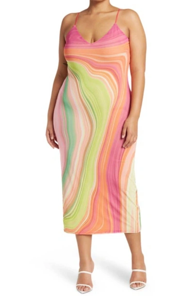 AFRM AMINA POWER MESH MIDI SLIP DRESS IN ABSTRACT SPRING WAVE