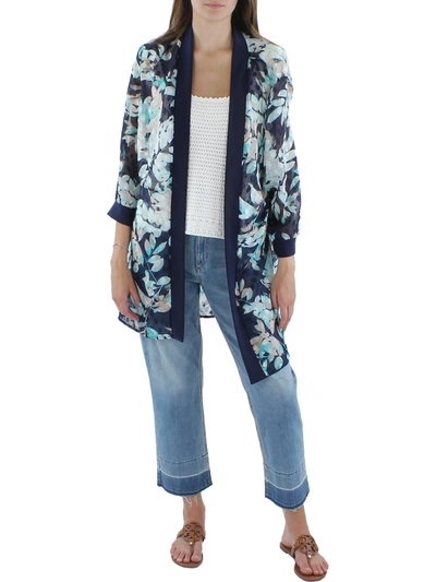 R & M Richards Womens Jacquard Floral Duster Blazer In Blue