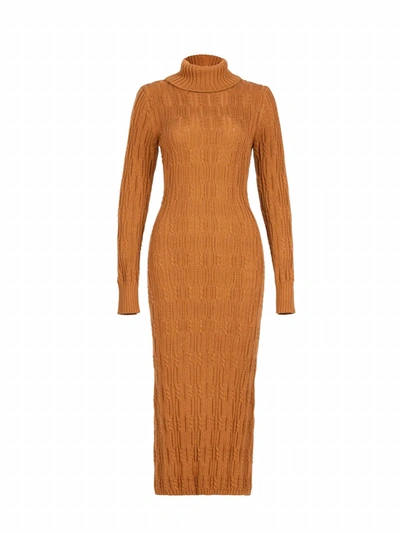 525 America Turtleneck Cable Dress In Caramel In Brown