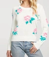 Chaser Floral Cotton Blend Long Sleeve Crew Neck Sweater In Rice In Blue