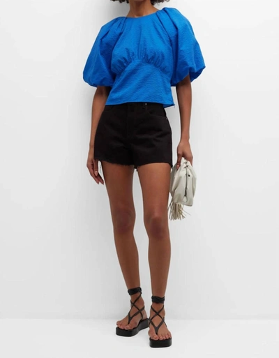 Frame Puff Sleeve Cotton Crop Top In Cornflower Blue