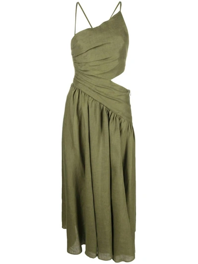 Zimmermann Women's Laurel Asymmetric Cut Out Ruched Sleeveless Midi Dress In Olive Green