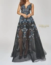 TERANI COUTURE DEEP V NECK LONG SEQUIN GOWN IN BLACK