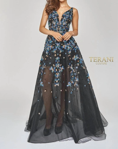 Terani Couture Deep V Neck Long Sequin Gown In Black