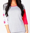 Angel 3/4 Sleeve Color Block Crew Top In Gray In Grey