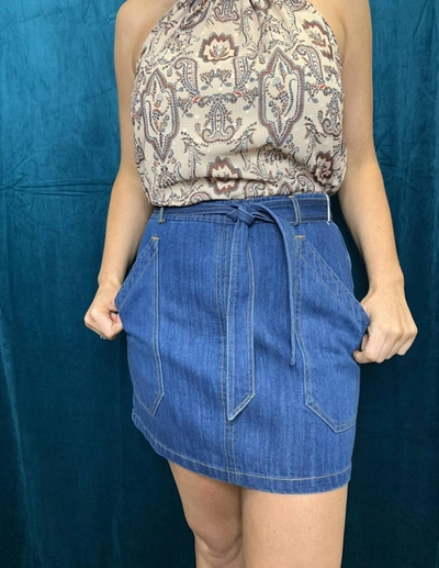 Bishop + Young Retro Belted Skirt In Denim In Blue