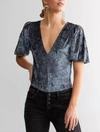 Free People Don't You Wish Velvet Plunging V-neck Short Puffed Sleeve Bodysuit In Sunflower Seed In Multi