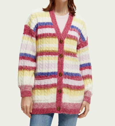 Scotch & Soda Brushed Mixed Stripe Mid Length Cardigan In Cherry Pie In Multi