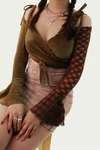 Zemeta Fairy Velvet And Mesh Wrap Cropped Top In Olive In Green