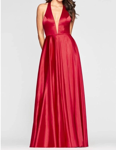 Faviana Satin A-line Halter Dress In Red