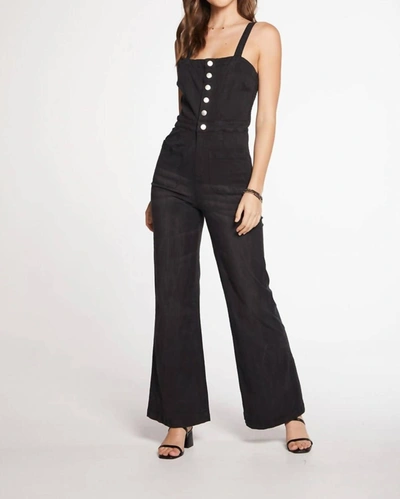 Chaser Stretch Twill Square Neck Button Down Wide Leg Jumpsuit Size In Washed Black