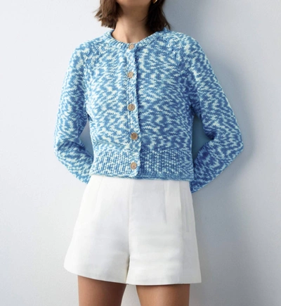 White + Warren Cotton Rope Marled Crewneck Cardigan Sweater In Blue Printed Cord