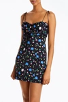 FOR LOVE & LEMONS ROBIN RUCHED FLORAL-PRINT MINI DRESS IN BLACK