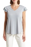 ADRIANNA PAPELL V-NECK TIERED RUFFLE SLEEVE CREPE KNIT TOP