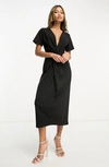 Asos Design Twist Front Midi Dress With Short Sleeve In Black In Black