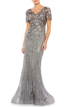 Mac Duggal Embellished V Neck Cap Sleeve Trumpet Gown In Dark Gray