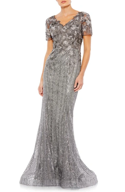 Mac Duggal Embellished V-neckline Trumpet Gown In Dark Grey