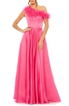 Mac Duggal One Shoulder A Line Gown With Feather Detail In Hot Pink