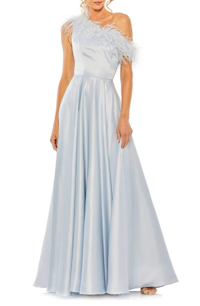 Mac Duggal One Shoulder A Line Gown With Feather Detail In Powder Blue