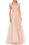 Mac Duggal High Neckline Feather Detail Beaded Gown In Blush