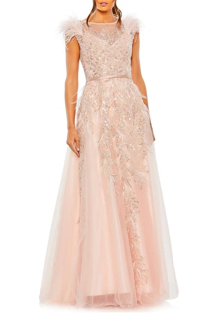 Mac Duggal High Neckline Feather Detail Beaded Gown In Blush