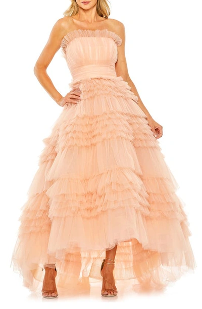 Mac Duggal Strapless Tulle Ruffle Gown In Peach