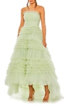Mac Duggal Strapless Tulle Ruffle Gown In Sage