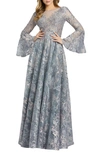 Mac Duggal Embellished Illusion Bell Sleeve A Line Gown In Grey Multi