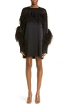 LAPOINTE OSTRICH FEATHER TRIM LONG SLEEVE SATIN SHIFT DRESS