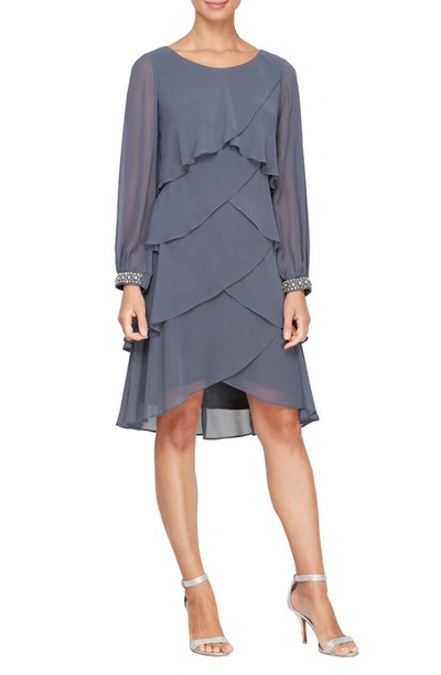 Sl Fashions Tiered Shimmer Shift Dress In Steel