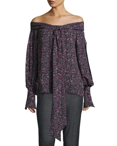 Magda Butrym Mons Long-sleeve Floral-print Off-the-shoulder Blouse, Purple In Purple Floral