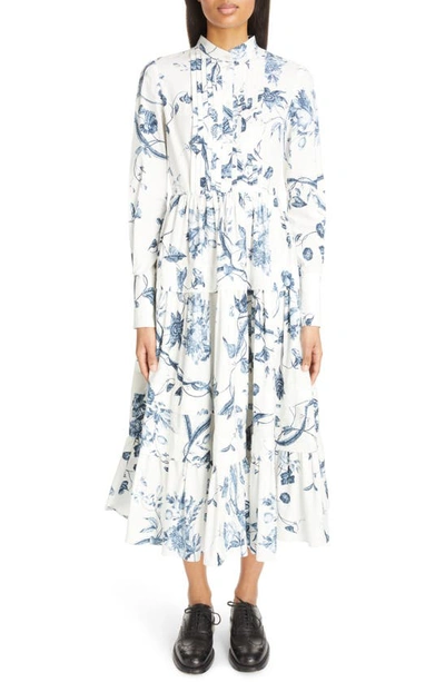 Erdem Floral-print Long-sleeve Tiered Shirtdress With Bib-front In Ophelia Vine White