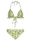Etro Triangle Bikini With Ruffles And Green Berries Pattern In Green