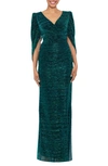 Betsy & Adam Metallic Capelet Trumpet Gown In Jade