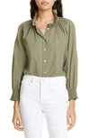 Veronica Beard Calisto Ruffle Collar Cotton Button-up Shirt In Bright Army