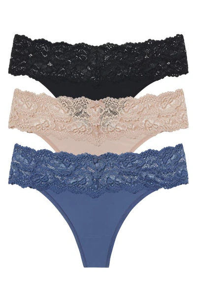 Skarlett Blue 3-pack Goddess Lace Thongs In Black/ Blue/ Beige