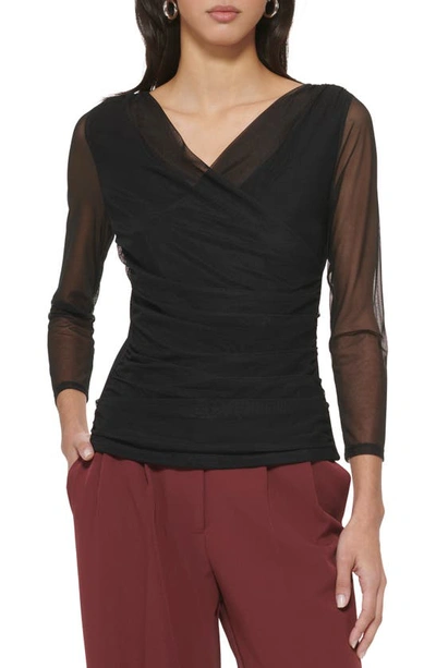 Dkny Surplice Mesh Top In Black
