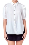 ENGLISH FACTORY PUFF SLEEVE EMBELLISHED BUTTON-UP BLOUSE