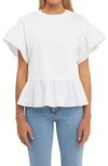 English Factory Mixed Media Flutter Sleeve Peplum Cotton Top In White