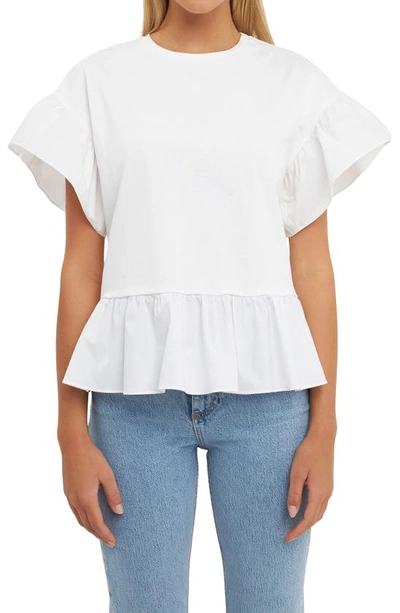 English Factory Mixed Media Flutter Sleeve Peplum Cotton Top In White