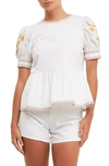 English Factory Embroidered Peplum Cotton Top In Ivory/ Multi