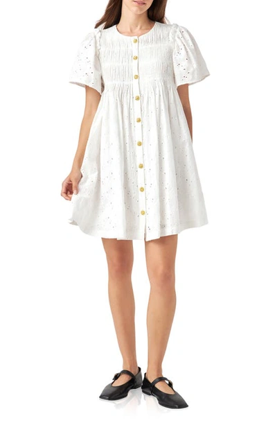 English Factory Embroidered Cotton Eyelet Button-up Babydoll Dress In White
