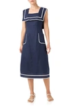 English Factory Sleeveless Linen A-line Dress In Navy/ White